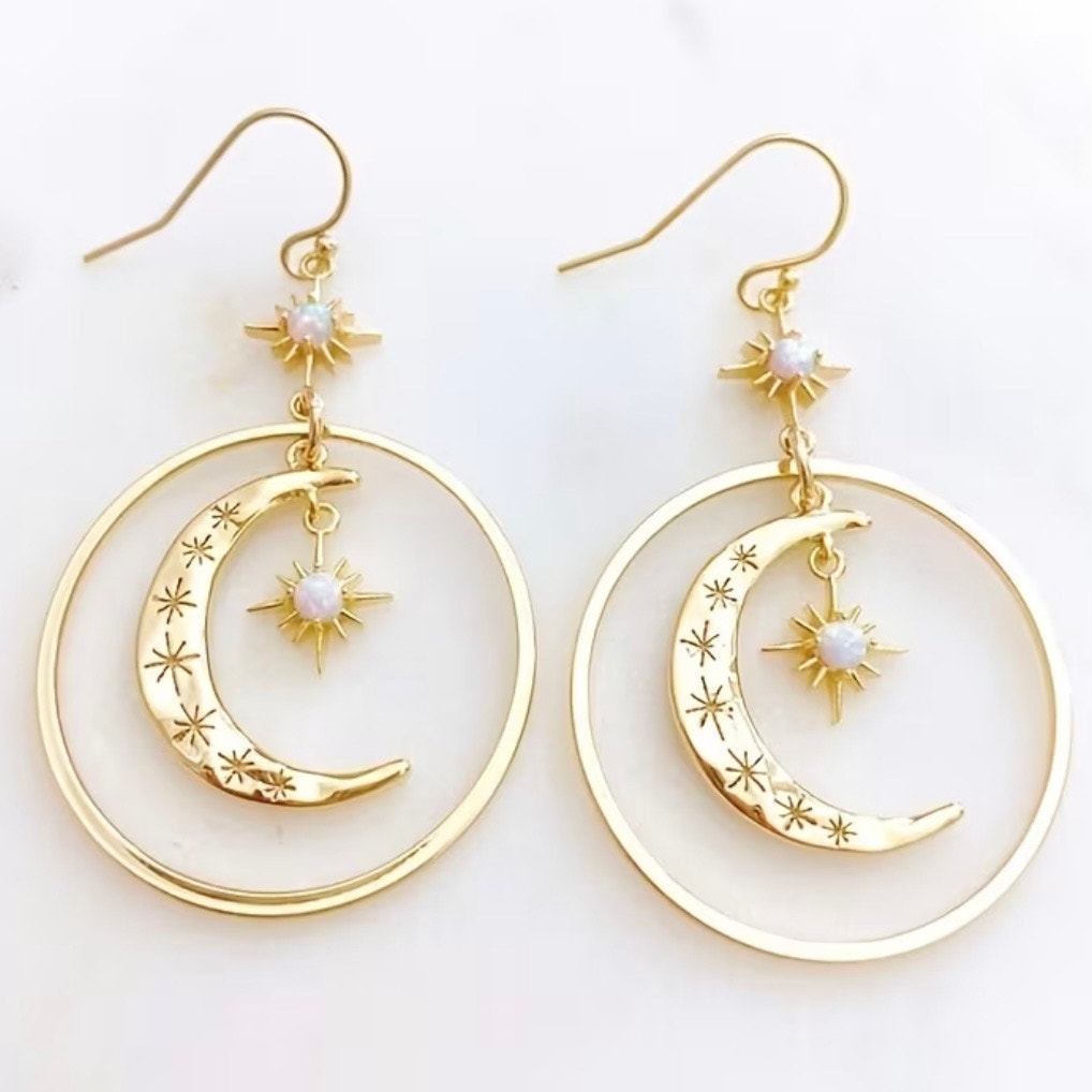 Anthropologie Gold Sun Moon Stars Boho Gemstone Hoop Earrings Hoops Jewelry